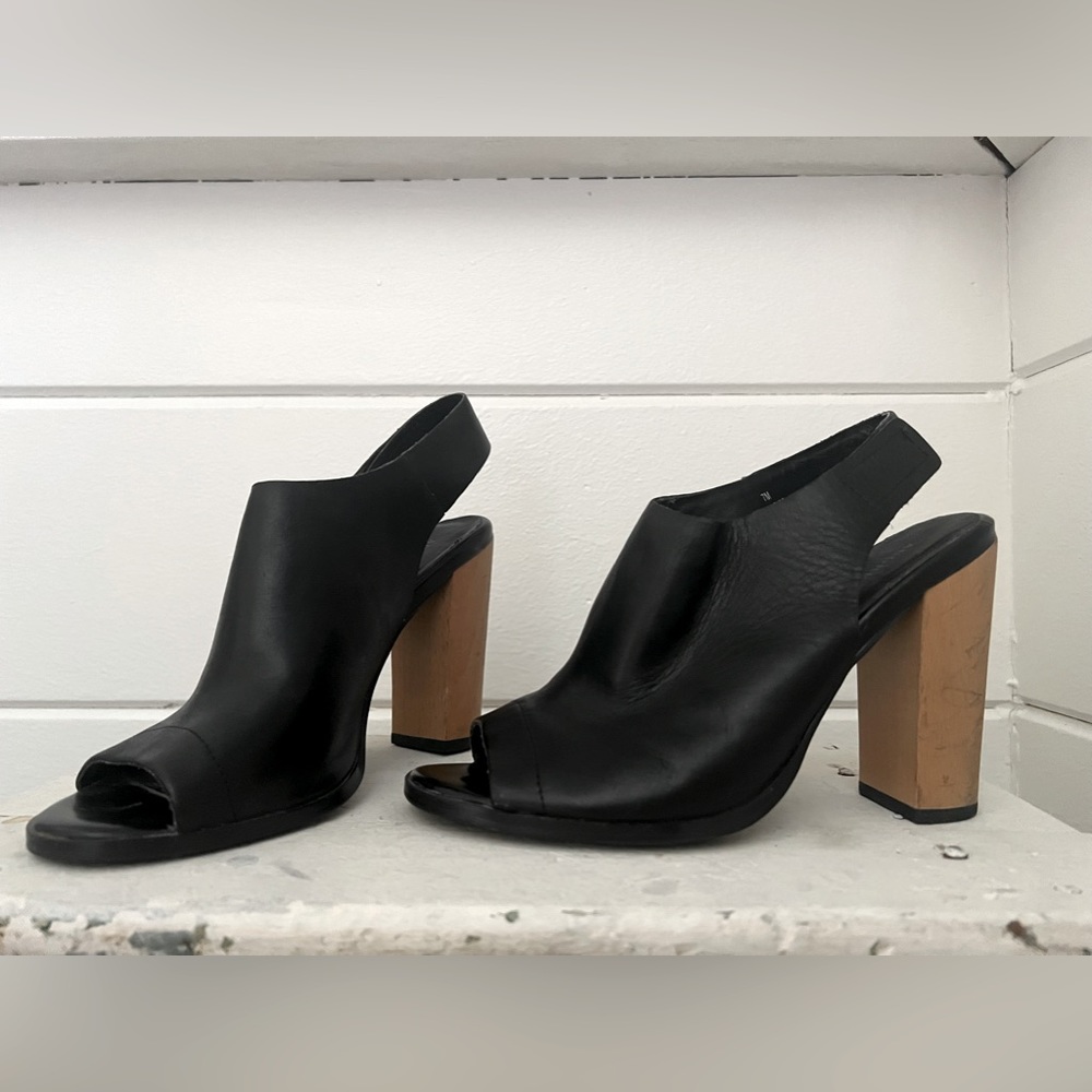 Wooden Heeled Open Toe Black Heels